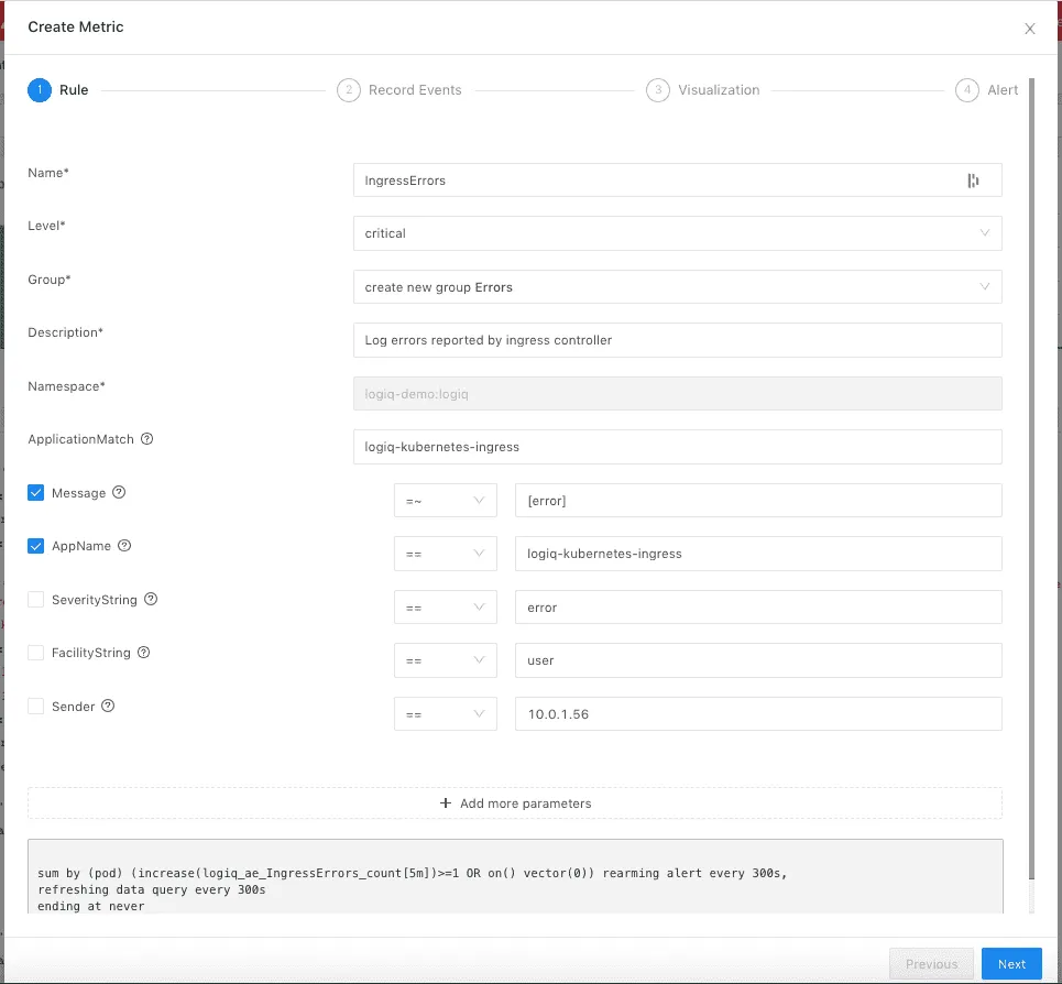 Define parameters to create a matching rule for log2metrics