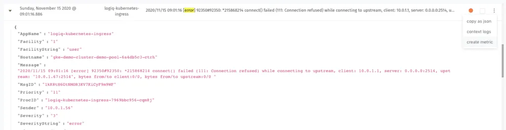 Selecting the log2metrics action on a log line